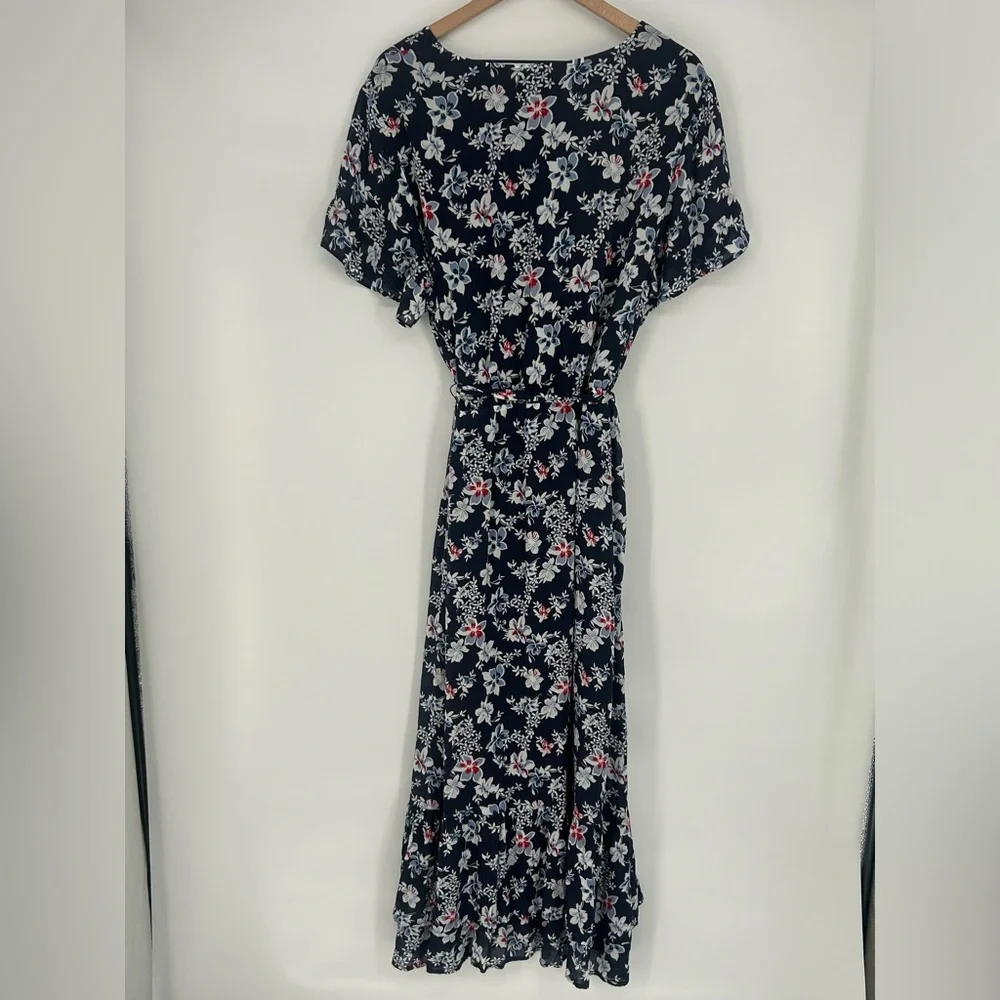 "NWT" J.Jill Navy Floral Maxi Dress Lined With Tie Waist- Size 2X - Picture 2 of 13